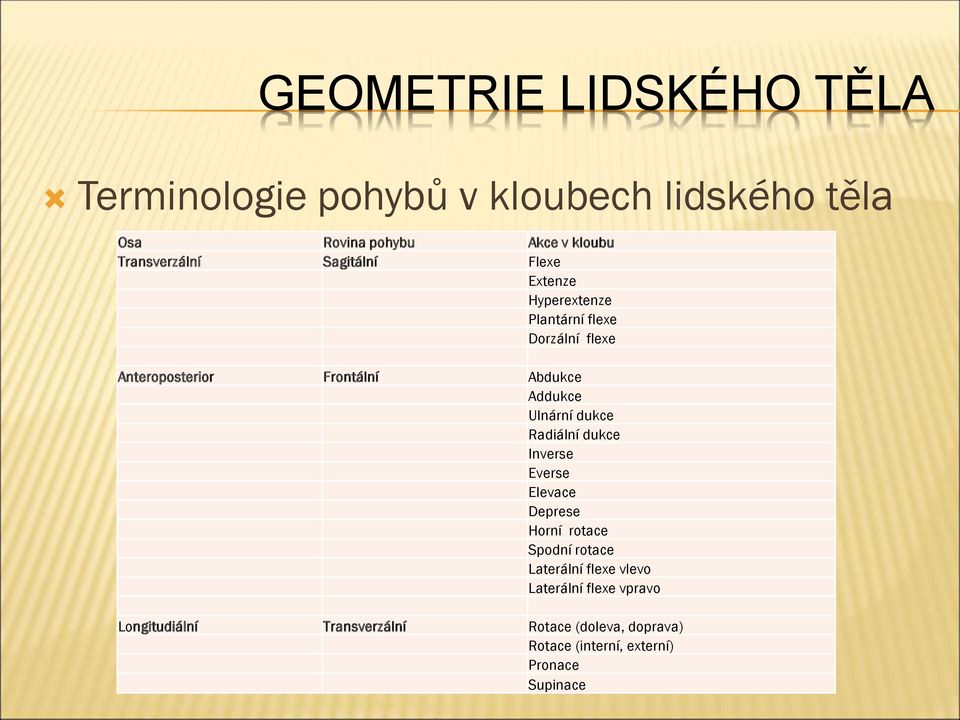 Abdukce Addukce Ulnární dukce Radiální dukce Inverse Everse Elevace Deprese Horní rotace Spodní rotace Laterální