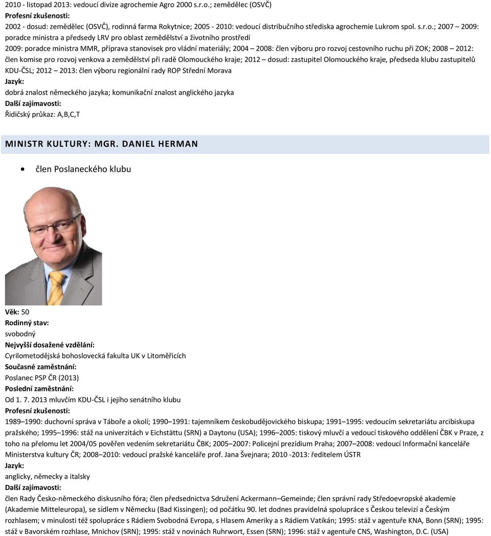 ; 2007 2009: poradce ministra a předsedy LRV pro oblast zemědělství a životního prostředí 2009: poradce ministra MMR, příprava stanovisek pro vládní materiály; 2004 2008: člen výboru pro rozvoj