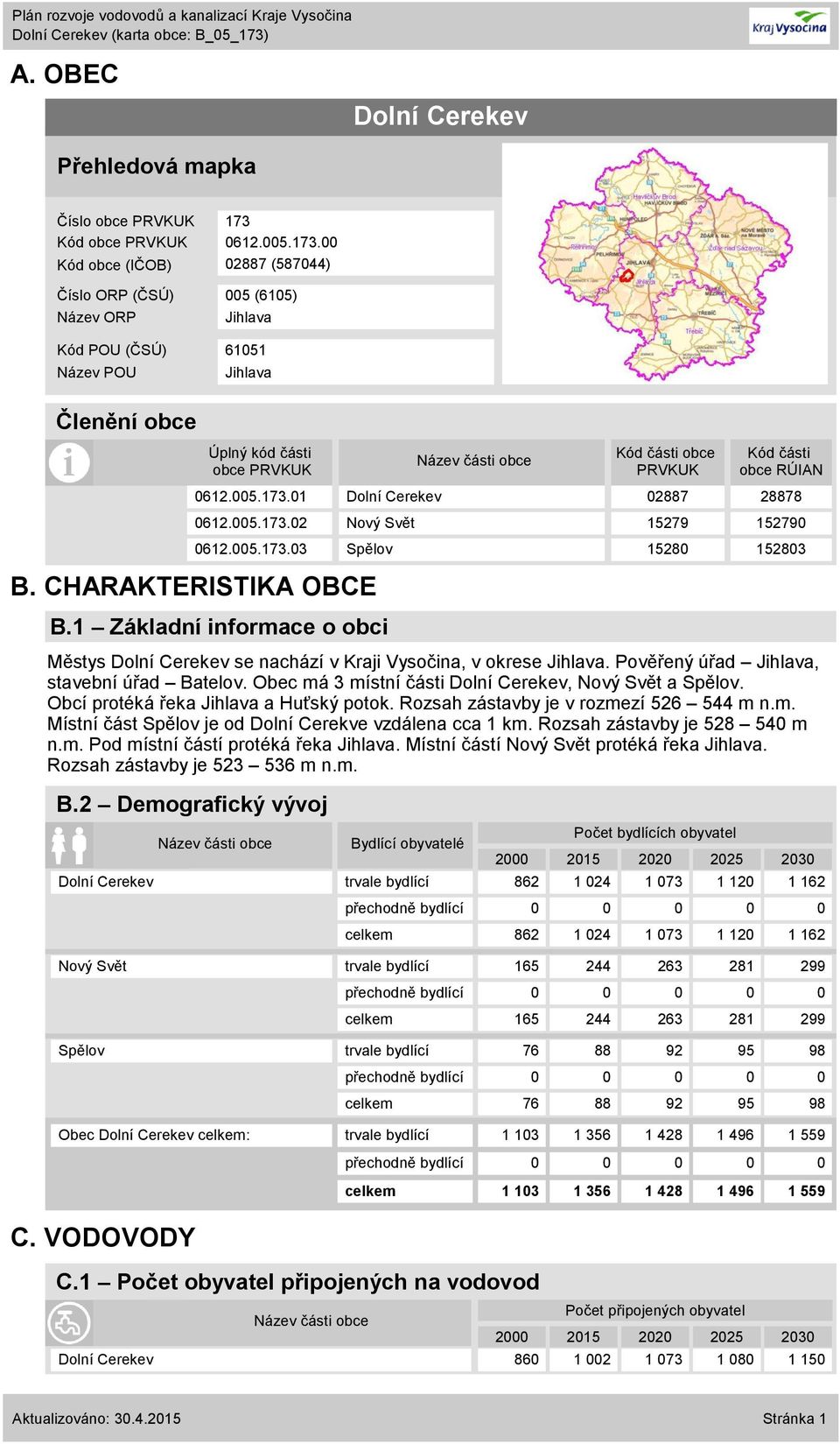 CHARAKTERISTIKA OBCE B.1 Základní informace o obci Městys Dolní Cerekev se nachází v Kraji Vysočina, v okrese Jihlava. Pověřený úřad Jihlava, stavební úřad Batelov.