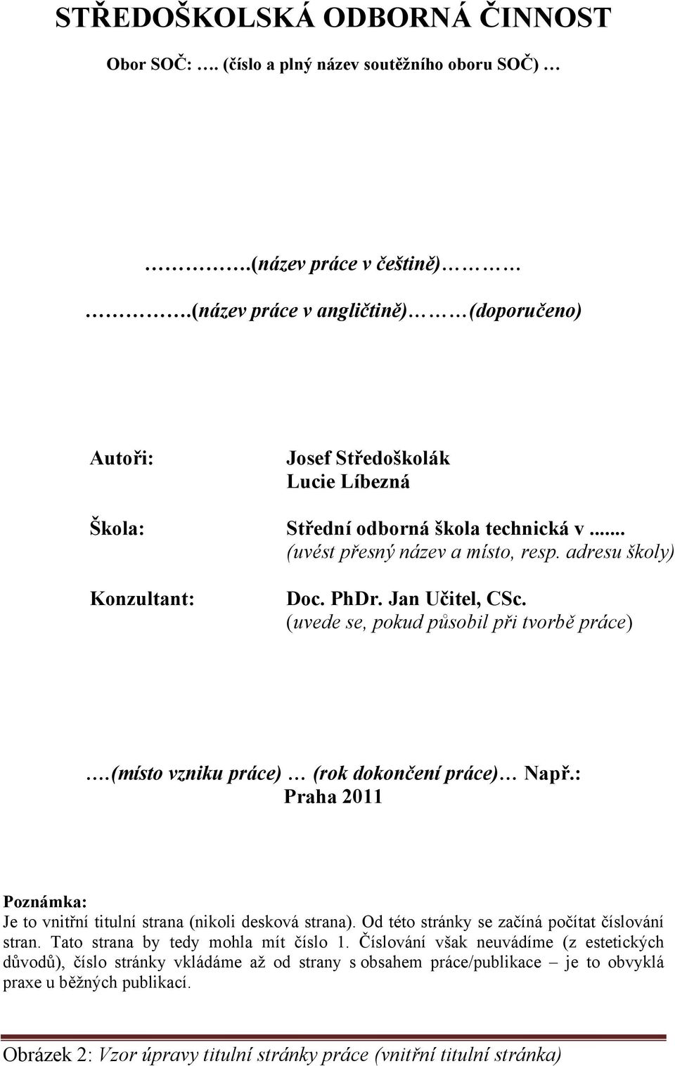 Jan Učitel, CSc. (uvede se, pokud působil při tvorbě práce).(místo vzniku práce) (rok dokončení práce) Např.: Praha 2011 Poznámka: Je to vnitřní titulní strana (nikoli desková strana).