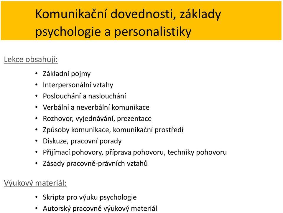 komunikace, komunikační prostředí Diskuze, pracovní porady Přijímací pohovory, příprava pohovoru, techniky