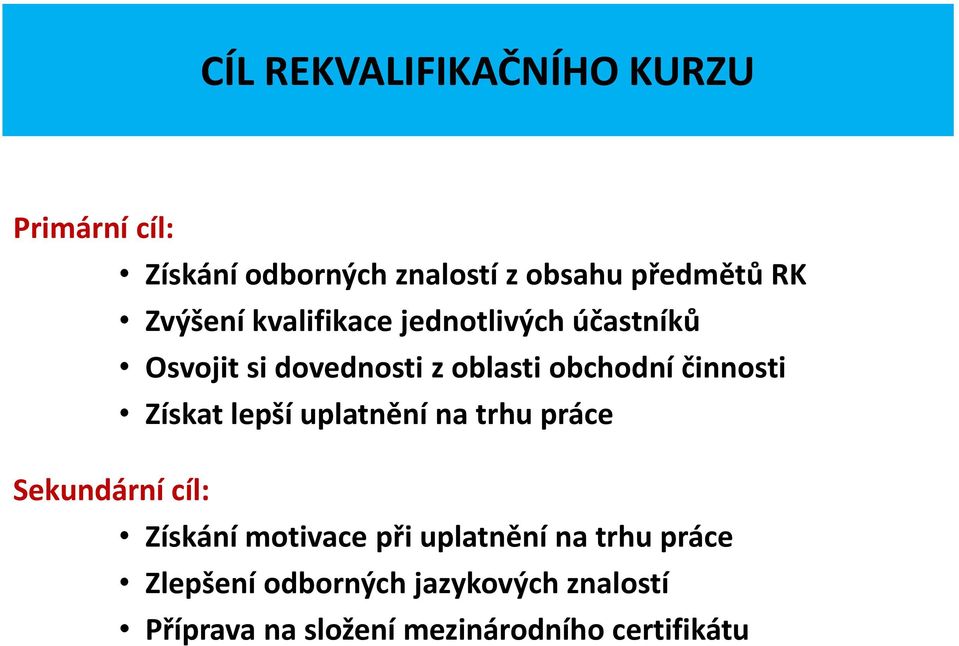 činnosti Získat lepší uplatnění na trhu práce Sekundární cíl: Získání motivace při