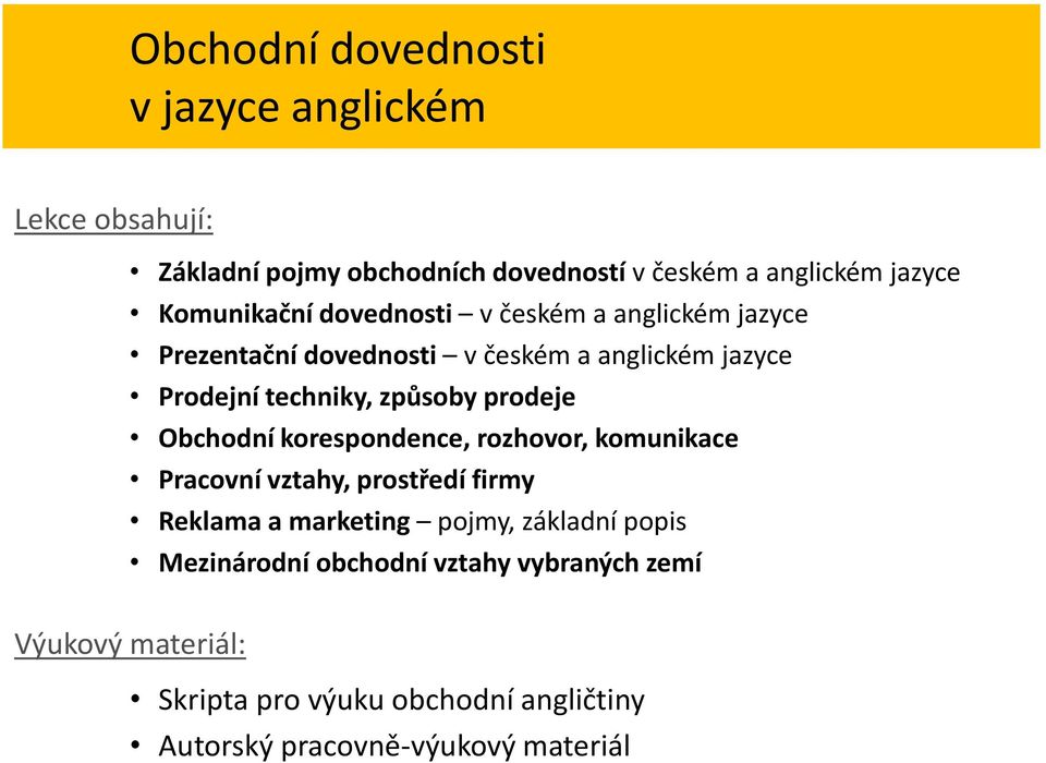 způsoby prodeje Obchodní korespondence, rozhovor, komunikace Pracovní vztahy, prostředí firmy Reklama a marketing pojmy,