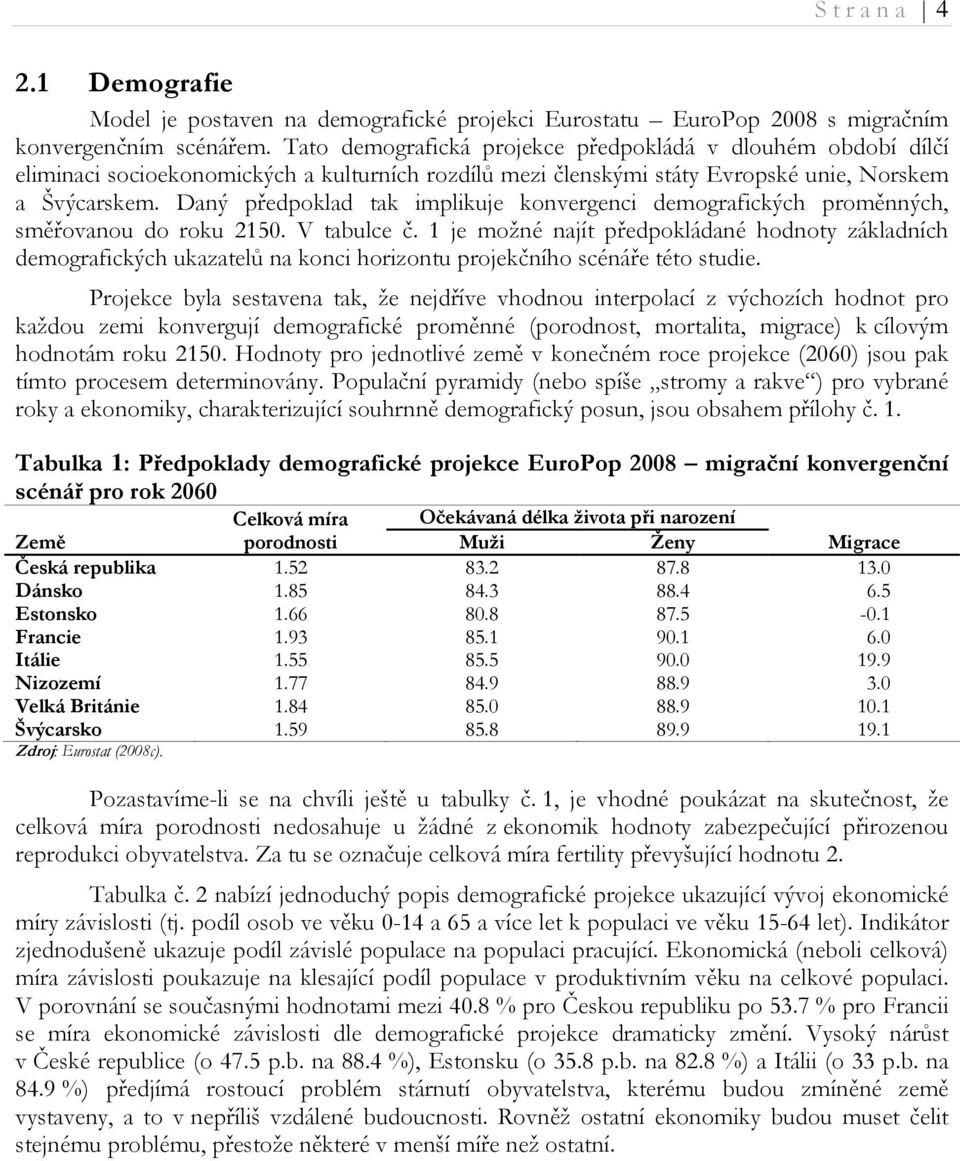 Daný předpoklad ak implikuje konvergenci demografických proměnných, směřovanou do roku 2150. V abulce č.
