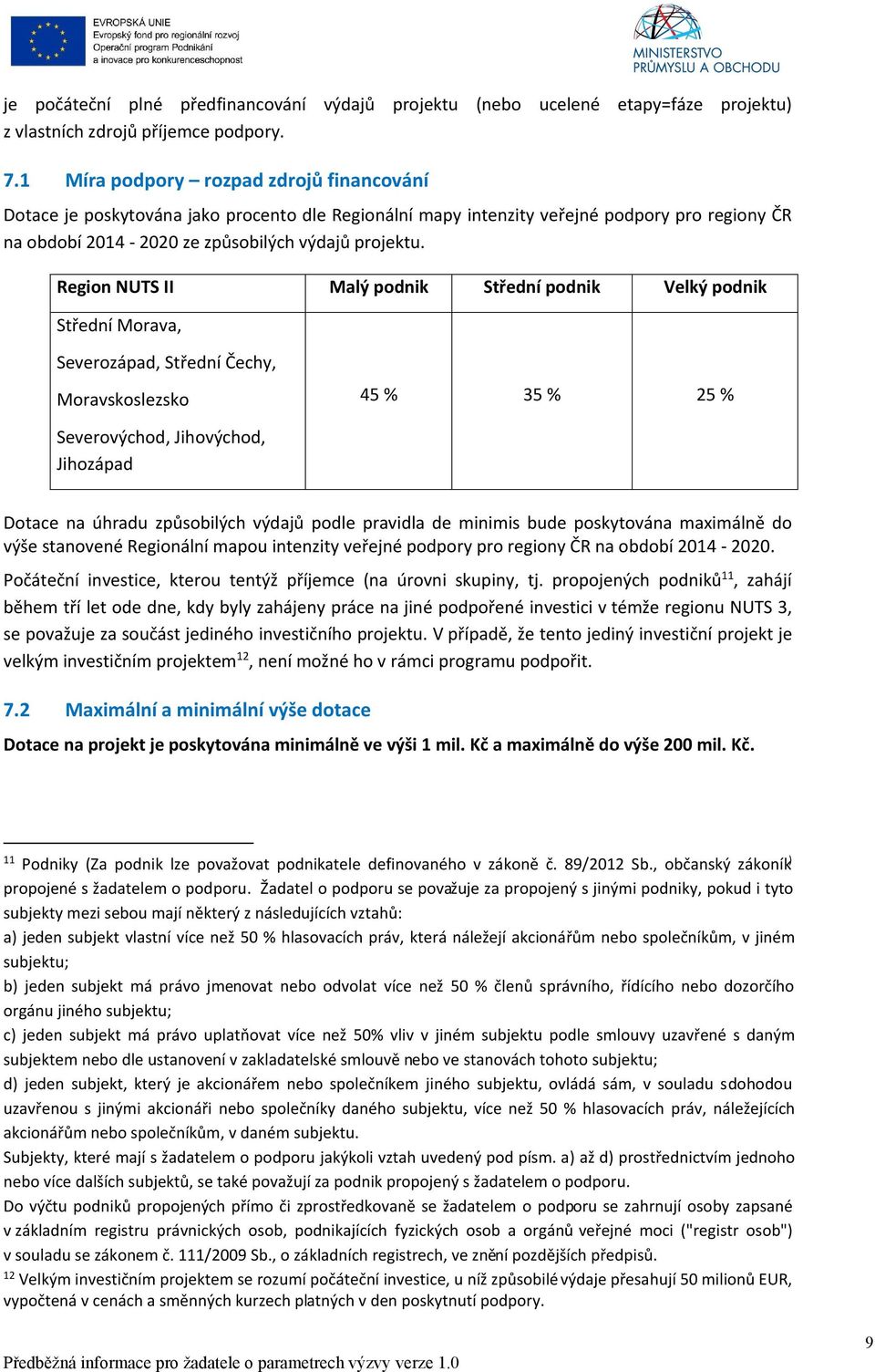 Region NUTS II Malý podnik Střední podnik Velký podnik Střední Morava, Severozápad, Střední Čechy, Moravskoslezsko 45 % 35 % 25 % Severovýchod, Jihovýchod, Jihozápad Dotace na úhradu způsobilých