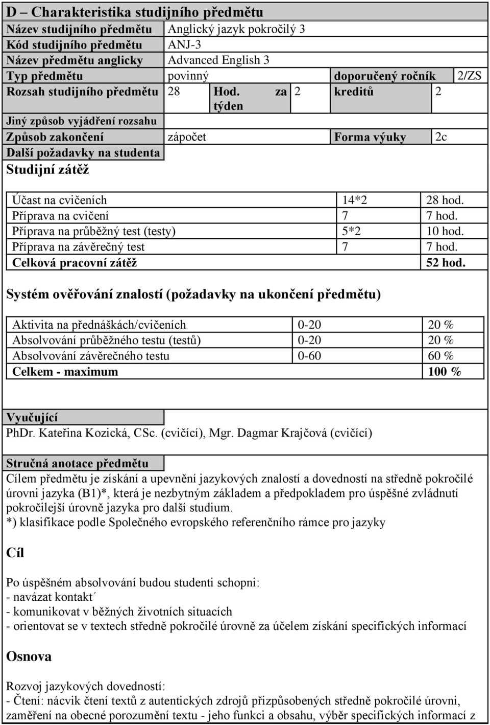 za 2 kreditů 2 týden Jiný způsob vyjádření rozsahu Způsob zakončení zápočet Forma výuky 2c Další požadavky na studenta Studijní zátěž Účast na cvičeních 14*2 28 hod. Příprava na cvičení 7 7 hod.