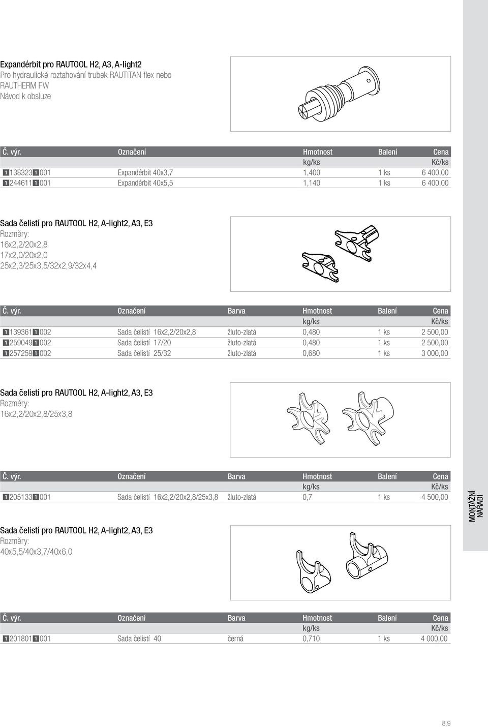 Označení Barva Hmotnost Balení Cena 11393611002 Sada čelistí 16x2,2/20x2,8 žluto-zlatá 0,480 1 ks 2 500,00 12590491002 Sada čelistí 17/20 žluto-zlatá 0,480 1 ks 2 500,00 12572591002 Sada čelistí