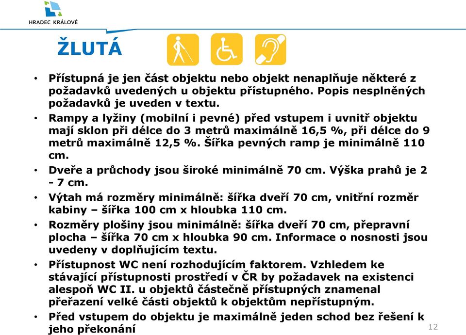 Dveře a průchody jsou široké minimálně 70 cm. Výška prahů je 2-7 cm. Výtah má rozměry minimálně: šířka dveří 70 cm, vnitřní rozměr kabiny šířka 100 cm x hloubka 110 cm.