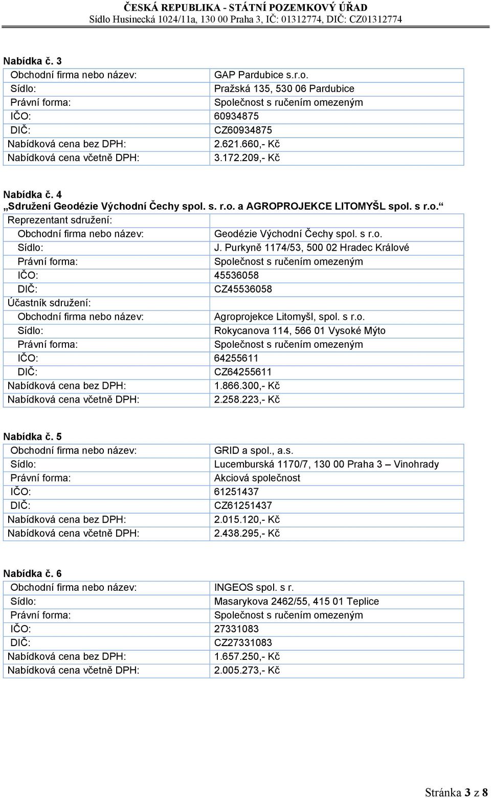 Purkyně 1174/53, 500 02 Hradec Králové IČO: 45536058 CZ45536058 Agroprojekce Litomyšl, spol. s r.o. Rokycanova 114, 566 01 Vysoké Mýto IČO: 64255611 CZ64255611 1.866.300,- Kč 2.258.223,- Kč Nabídka č.