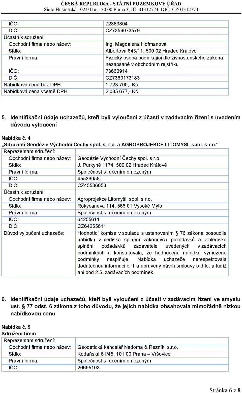 677,- Kč 5. Identifikační údaje uchazečů, kteří byli vyloučeni z účasti v zadávacím řízení s uvedením důvodu vyloučení Nabídka č. 4 Sdružení Geodézie Východní Čechy spol. s. r.o. a AGROPROJEKCE LITOMYŠL spol.