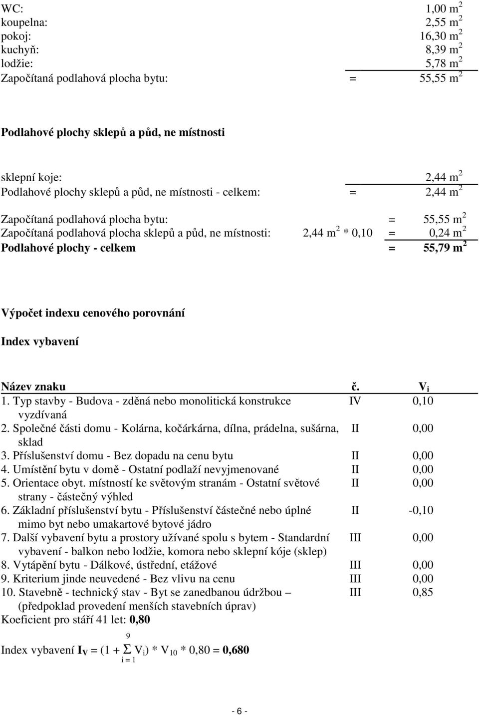 Podlahové plochy - celkem = 55,79 m 2 Výpočet indexu cenového porovnání Index vybavení Název znaku č. V i 1. Typ stavby - Budova - zděná nebo monolitická konstrukce IV 0,10 vyzdívaná 2.