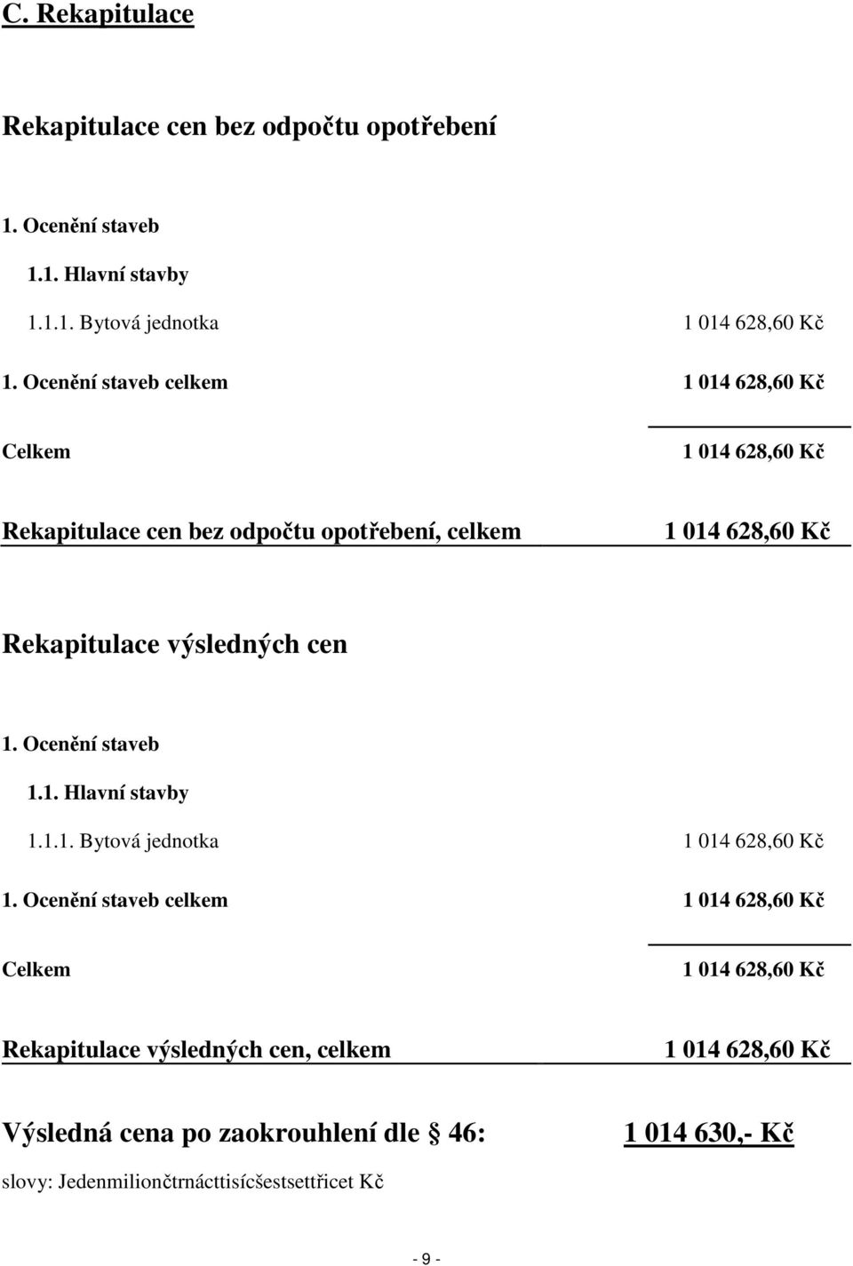 výsledných cen 1. Ocenění staveb 1.1. Hlavní stavby 1.1.1. Bytová jednotka 1 014 628,60 Kč 1.