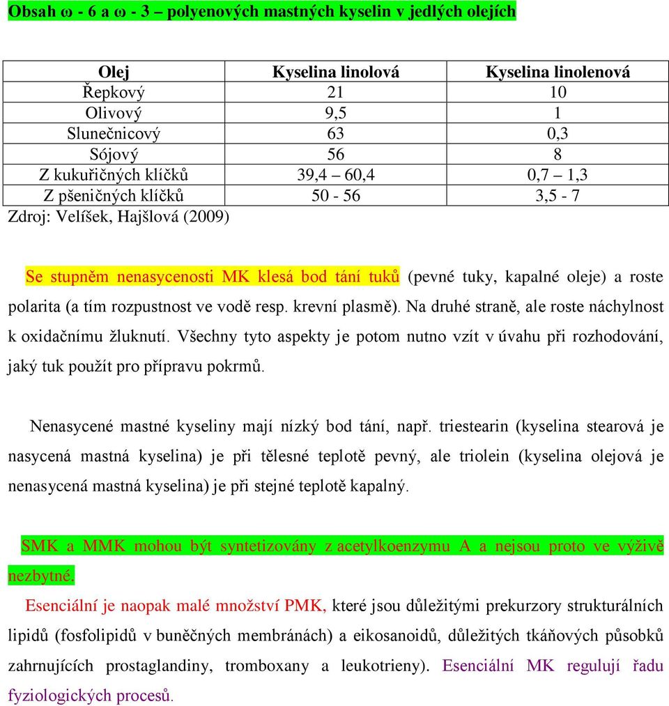 resp. krevní plasmě). Na druhé straně, ale roste náchylnost k oxidačnímu žluknutí. Všechny tyto aspekty je potom nutno vzít v úvahu při rozhodování, jaký tuk použít pro přípravu pokrmů.