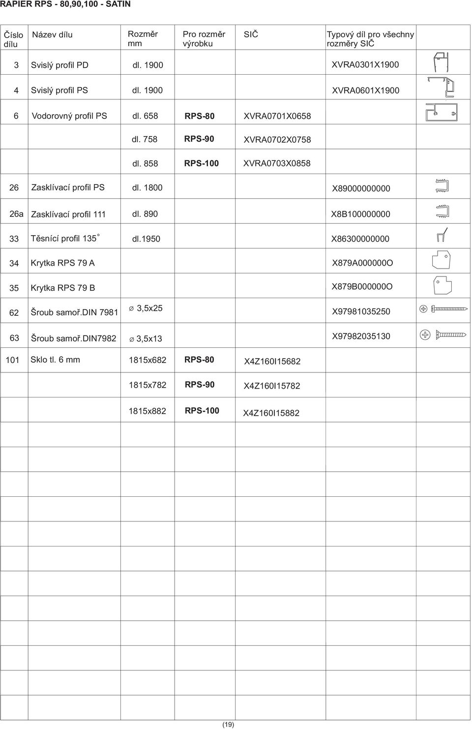 890 X8B100000000 O 33 Tìsnící profil 135 dl.1950 X86300000000 34 Krytka RPS 79 A X879A000000O 35 Krytka RPS 79 B X879B000000O 62 Šroub samoø.