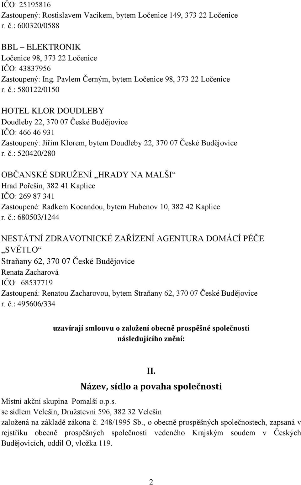: 580122/0150 HOTEL KLOR DOUDLEBY Doudleby 22, 370 07 České Budějovice IČO: 466 46 931 Zastoupený: Jiřím Klorem, bytem Doudleby 22, 370 07 České Budějovice r. č.