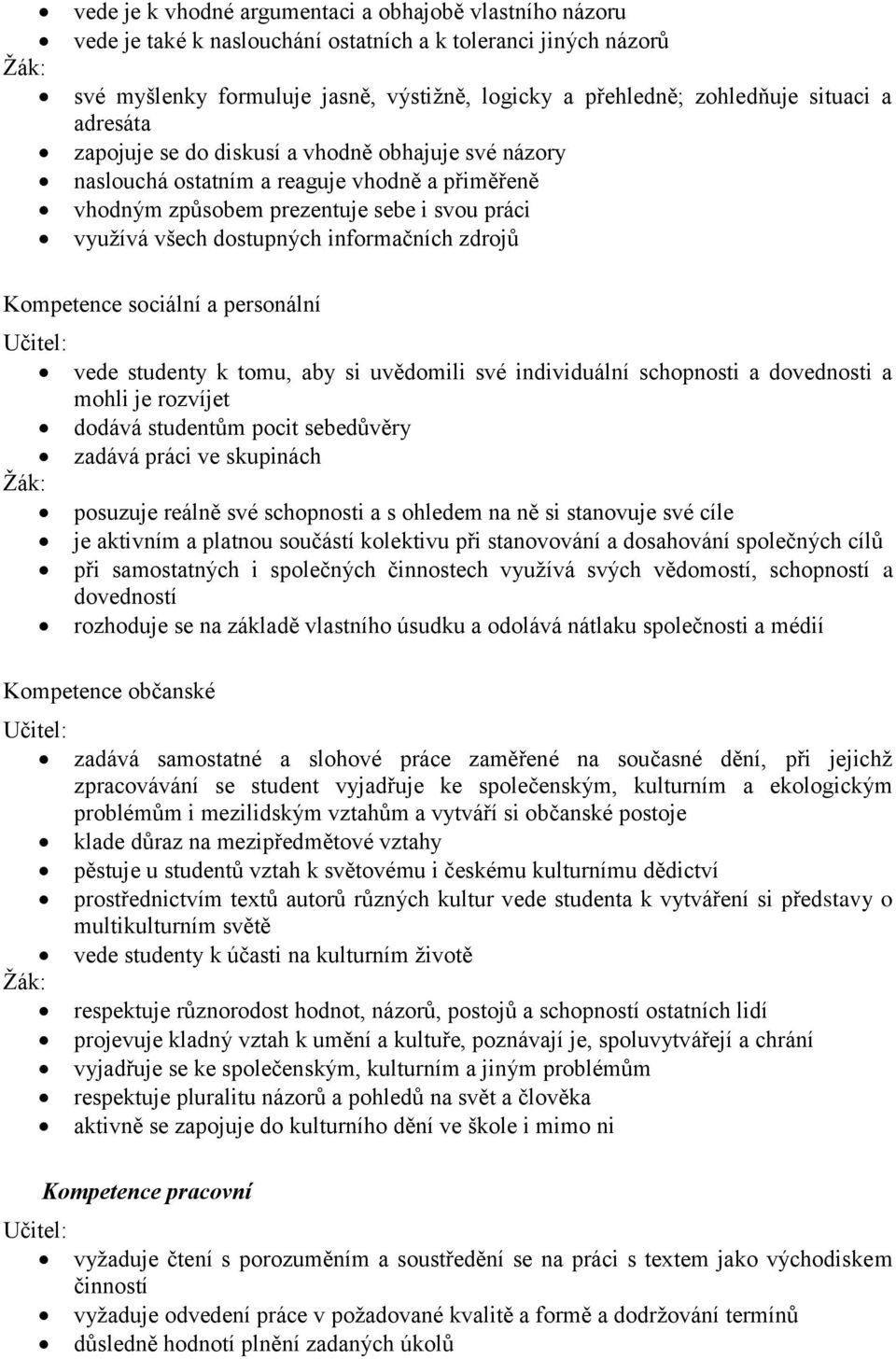 informačních zdrojů Kompetence sociální a personální vede studenty k tomu, aby si uvědomili své individuální schopnosti a dovednosti a mohli je rozvíjet dodává studentům pocit sebedůvěry zadává práci