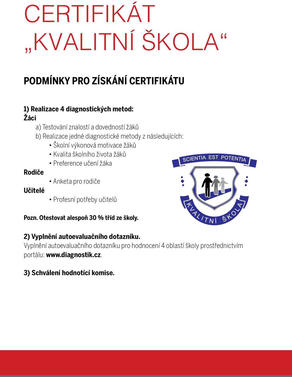 žáka Rodiče Anketa pro rodiče Učitelé Profesní potřeby učitelů Pozn. Otestovat alespoň 30 % tříd ze školy.