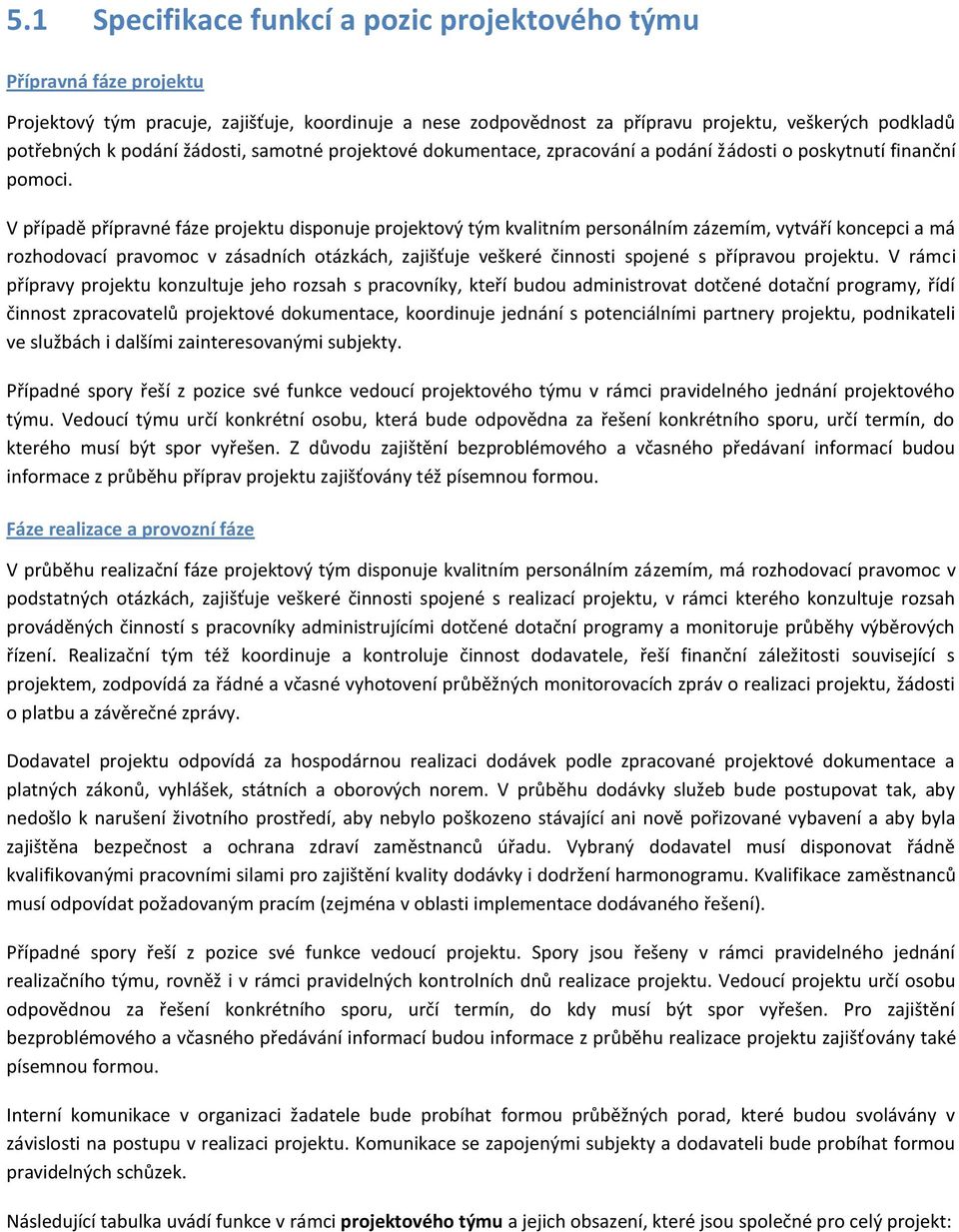 V případě přípravné fáze projektu disponuje projektový tým kvalitním personálním zázemím, vytváří koncepci a má rozhodovací pravomoc v zásadních otázkách, zajišťuje veškeré činnosti spojené s