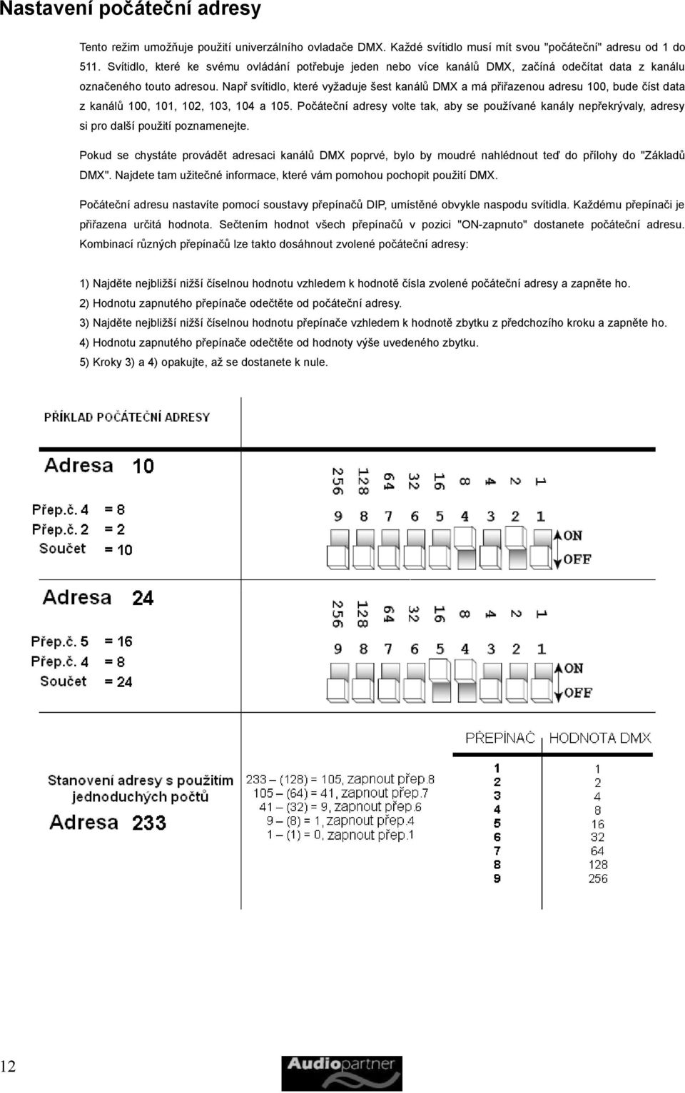 Např svítidlo, které vyžaduje šest kanálů DMX a má přiřazenou adresu 100, bude číst data z kanálů 100, 101, 102, 103, 104 a 105.