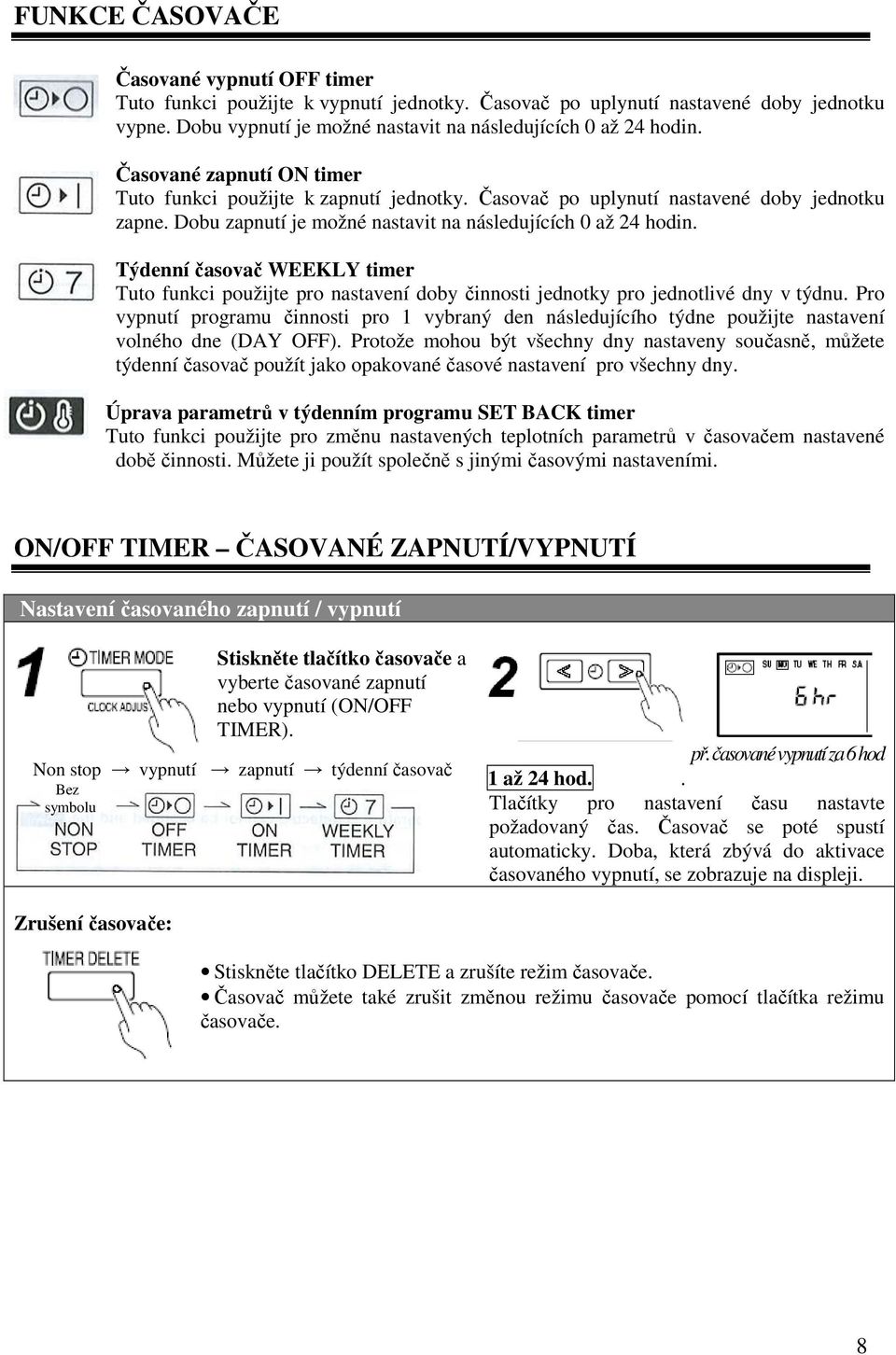 Týdenní časovač WEEKLY timer Tuto funkci použijte pro nastavení doby činnosti jednotky pro jednotlivé dny v týdnu.