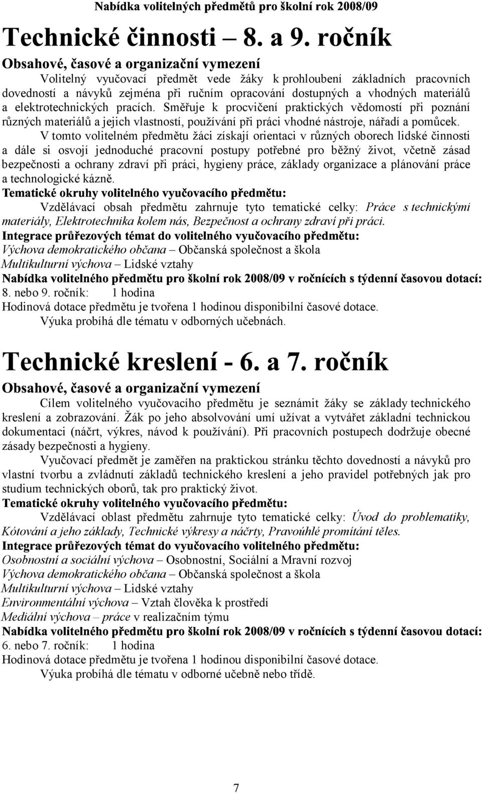 V tomto volitelném předmětu žáci získají orientaci v různých oborech lidské činnosti a dále si osvojí jednoduché pracovní postupy potřebné pro běžný život, včetně zásad bezpečnosti a ochrany zdraví