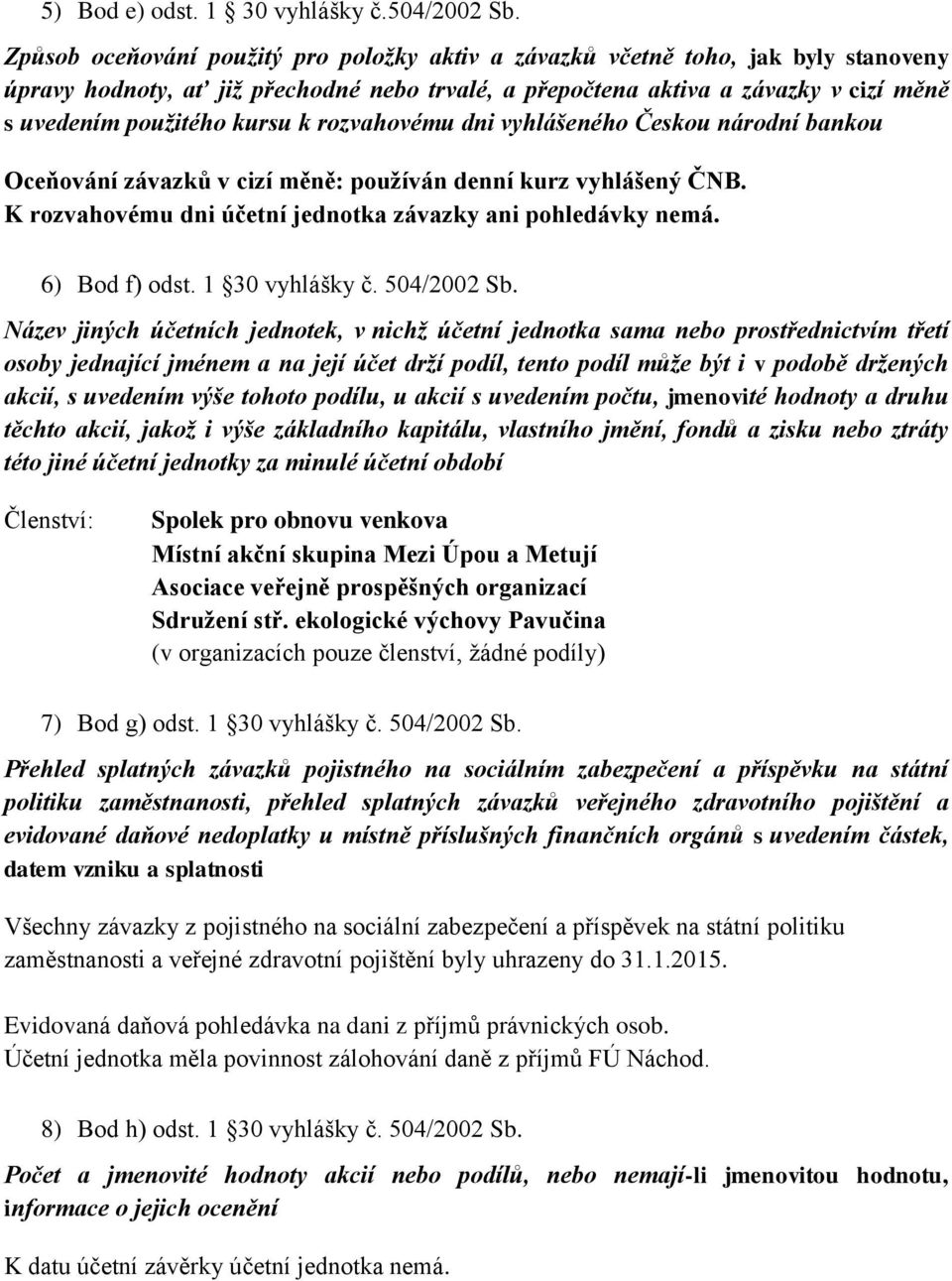 k rozvahovému dni vyhlášeného Českou národní bankou Oceňování závazků v cizí měně: používán denní kurz vyhlášený ČNB. K rozvahovému dni účetní jednotka závazky ani pohledávky nemá. 6) Bod f) odst.