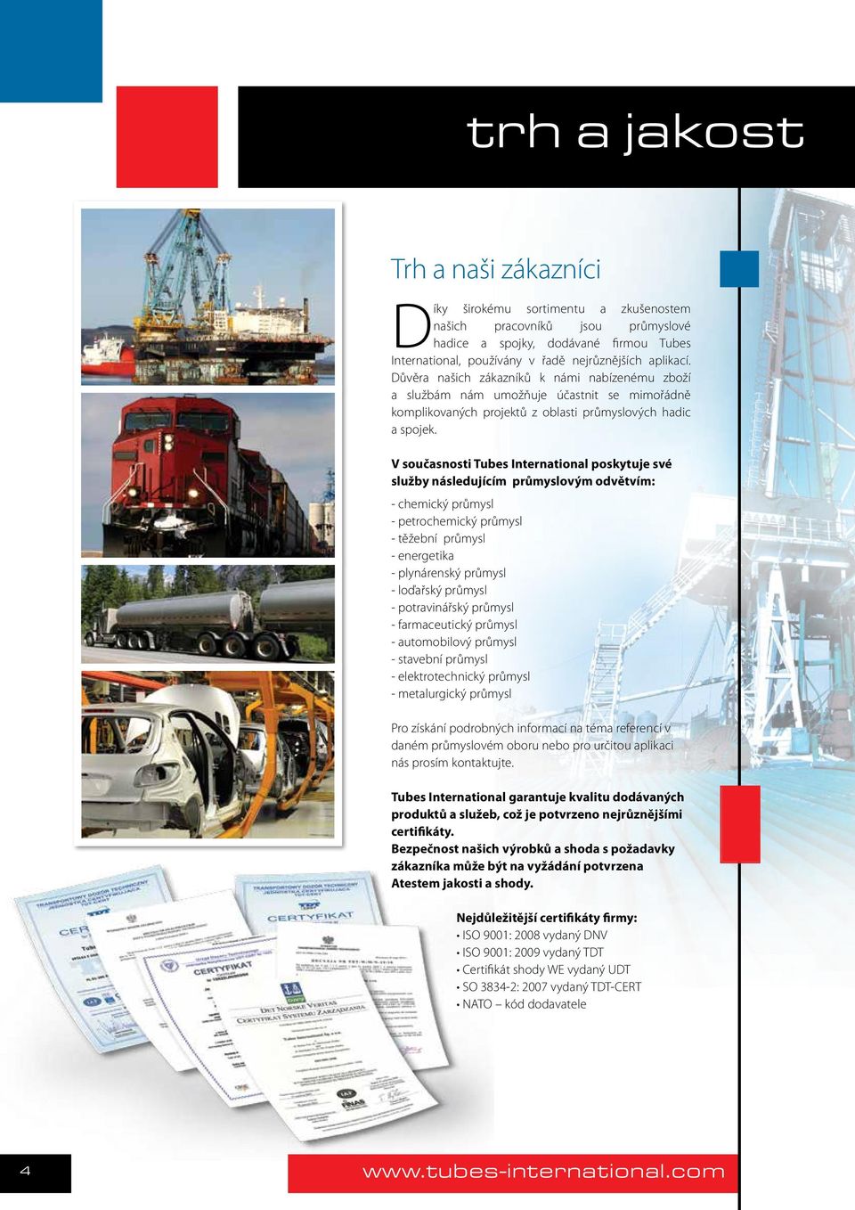 V současnosti Tubes International poskytuje své služby následujícím průmyslovým odvětvím: - chemický průmysl - petrochemický průmysl - těžební průmysl - energetika - plynárenský průmysl - loďařský