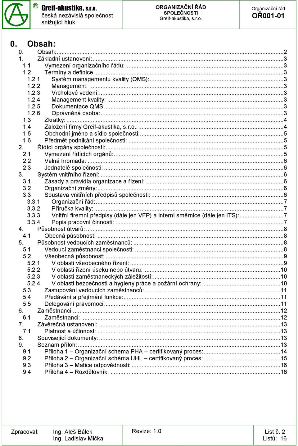6 Předmět podnikání společnosti:... 5 2. Řídící orgány společnosti:... 5 2.1 Vymezení řídících orgánů:... 5 2.2 Valná hromada:... 6 2.3 Jednatelé společnosti:... 6 3.