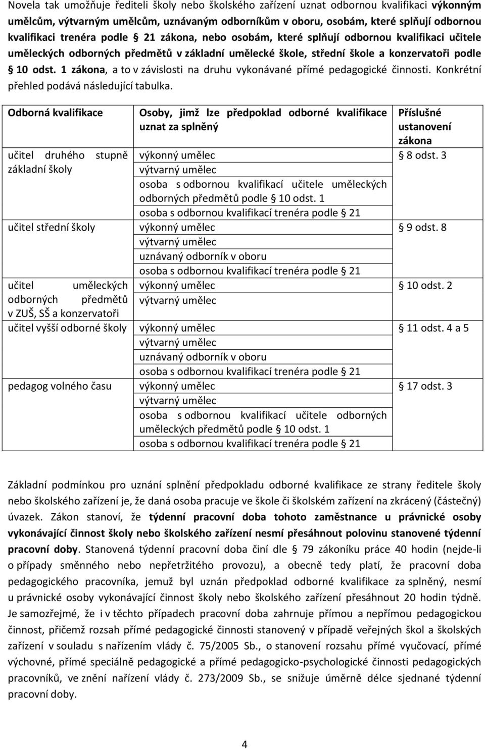 1 zákona, a to v závislosti na druhu vykonávané přímé pedagogické činnosti. Konkrétní přehled podává následující tabulka.