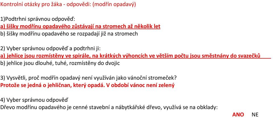 směstnány do svazečků b) jehlice jsou dlouhé, tuhé, rozmístěny do dvojic 3) Vysvětli, proč modřín opadavý není využíván jako vánoční stromeček?