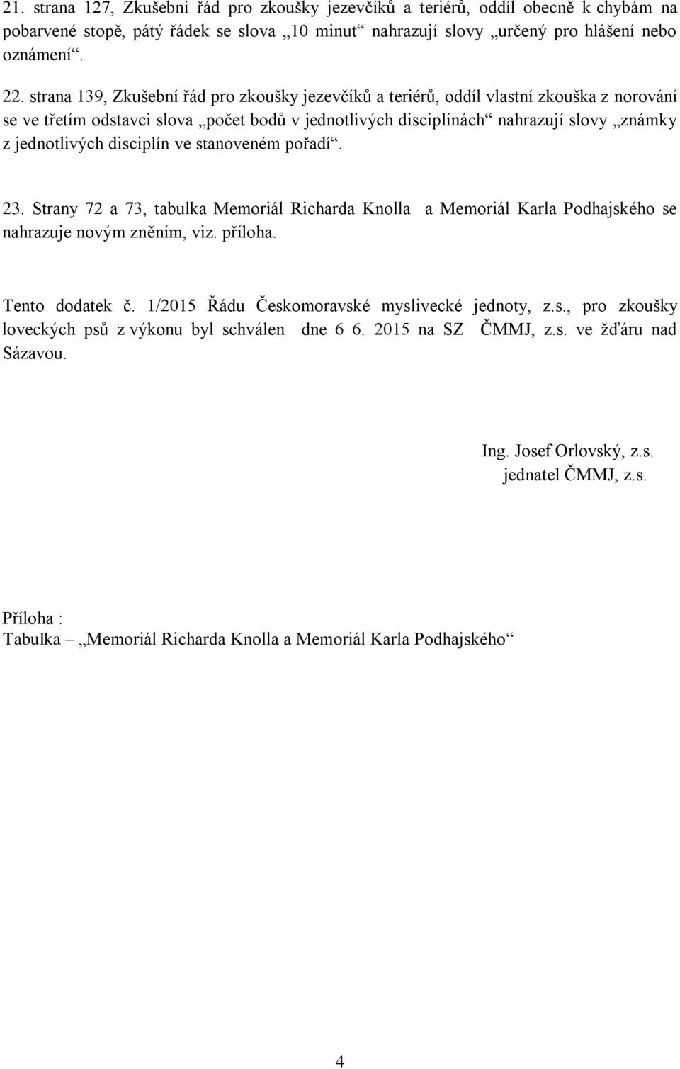 disciplín ve stanoveném pořadí. 23. Strany 72 a 73, tabulka Memoriál Richarda Knolla a Memoriál Karla Podhajského se nahrazuje novým zněním, viz. příloha. Tento dodatek č.