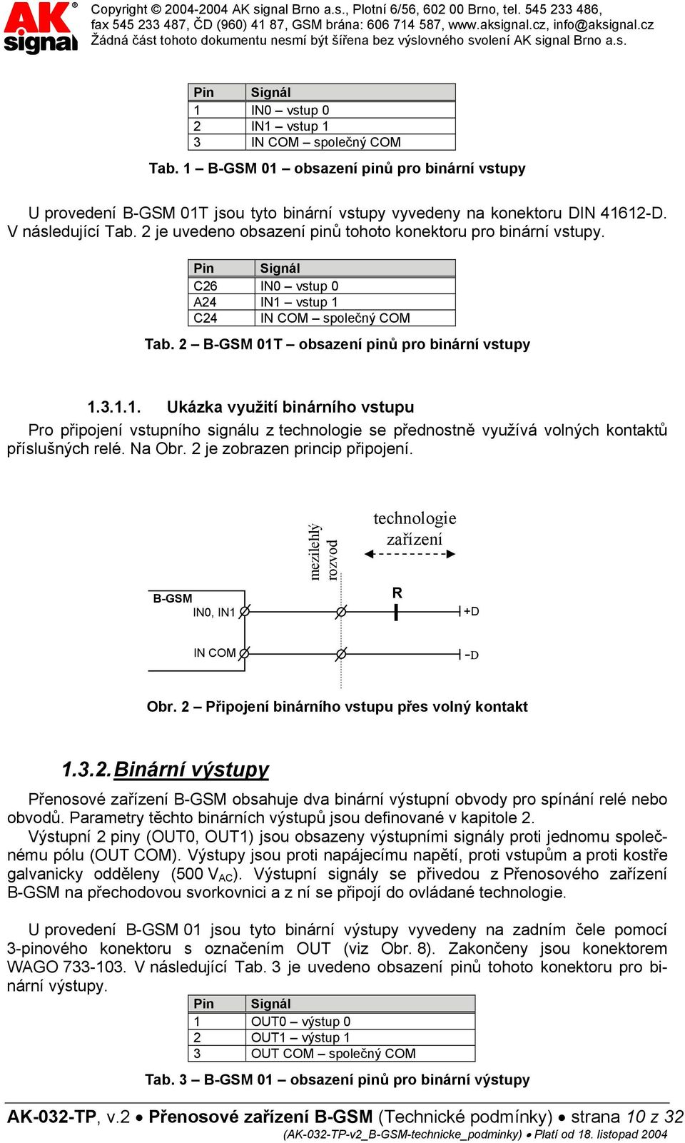 2 B-GSM 01T obsazení pinů pro binární vstupy 1.3.1.1. Ukázka využití binárního vstupu Pro připojení vstupního signálu z technologie se přednostně využívá volných kontaktů příslušných relé. Na Obr.