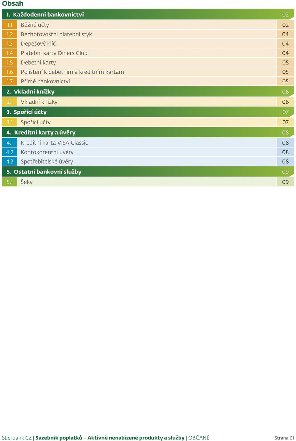 7 Přímé bankovnictví 05 2. Vkladní knížky 06 2.1 Vkladní knížky 06 3. Spořicí účty 07 3.1 Spořicí účty 07 4.