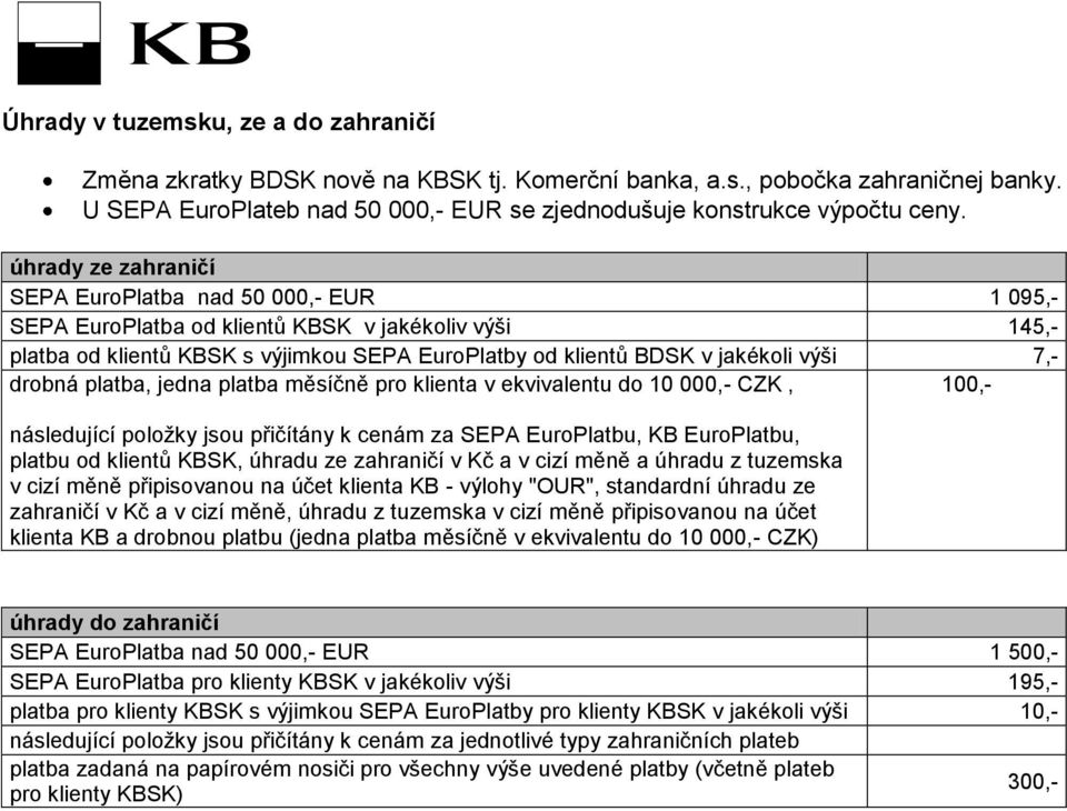 7,- drobná platba, jedna platba měsíčně pro klienta v ekvivalentu do 10 000,- CZK 100,- následující položky jsou přičítány k cenám za SEPA EuroPlatbu, KB EuroPlatbu, platbu od klientů KBSK, úhradu ze