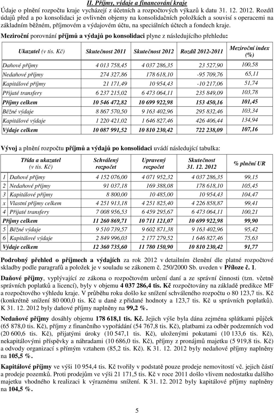 Meziroční porovnání příjmů a výdajů po konsolidaci plyne z následujícího přehledu: Ukazatel (v tis.