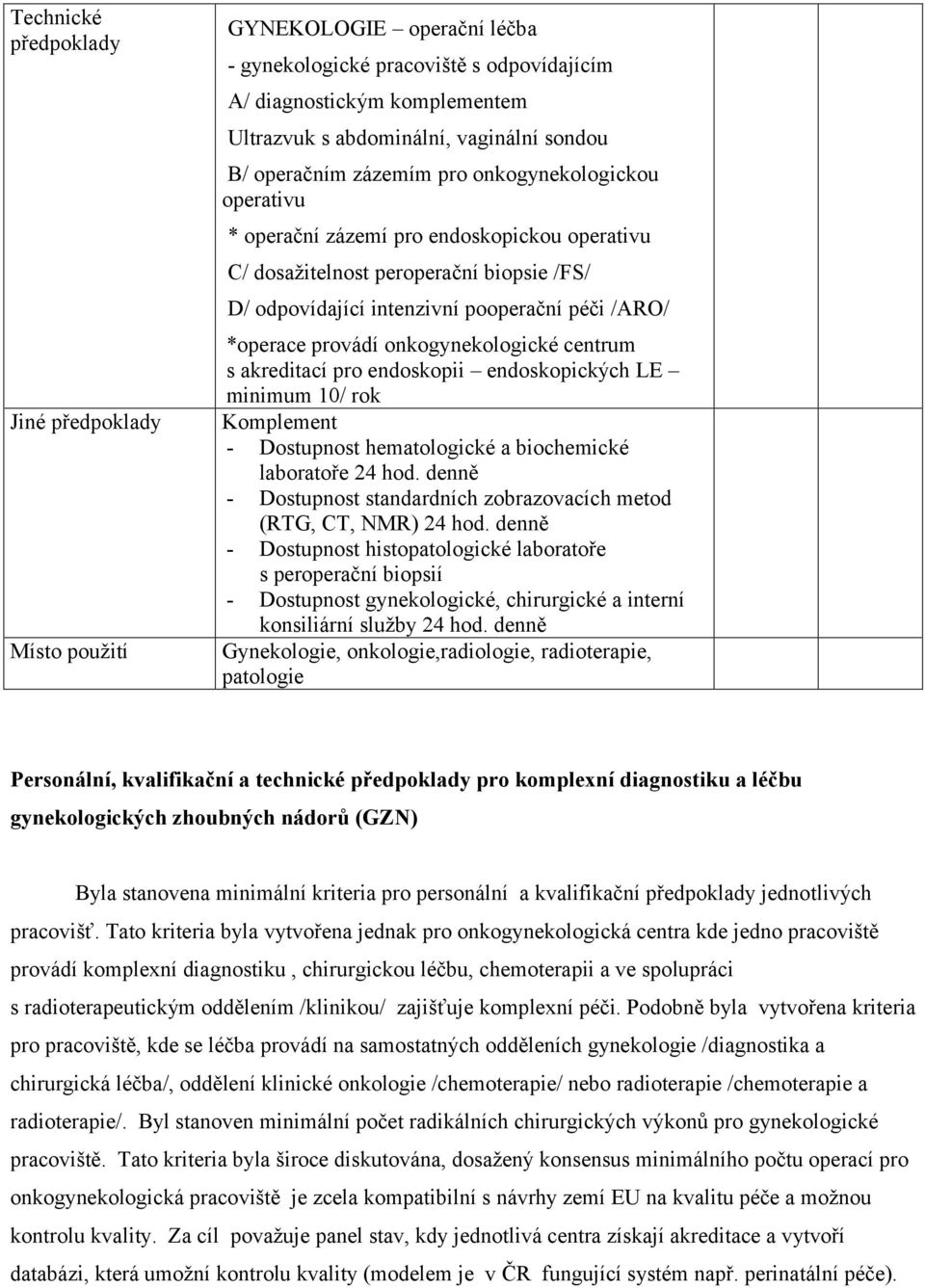 provádí onkogynekologické centrum s akreditací pro endoskopii endoskopických LE minimum 10/ rok Komplement - Dostupnost hematologické a biochemické laboratoře 24 hod.