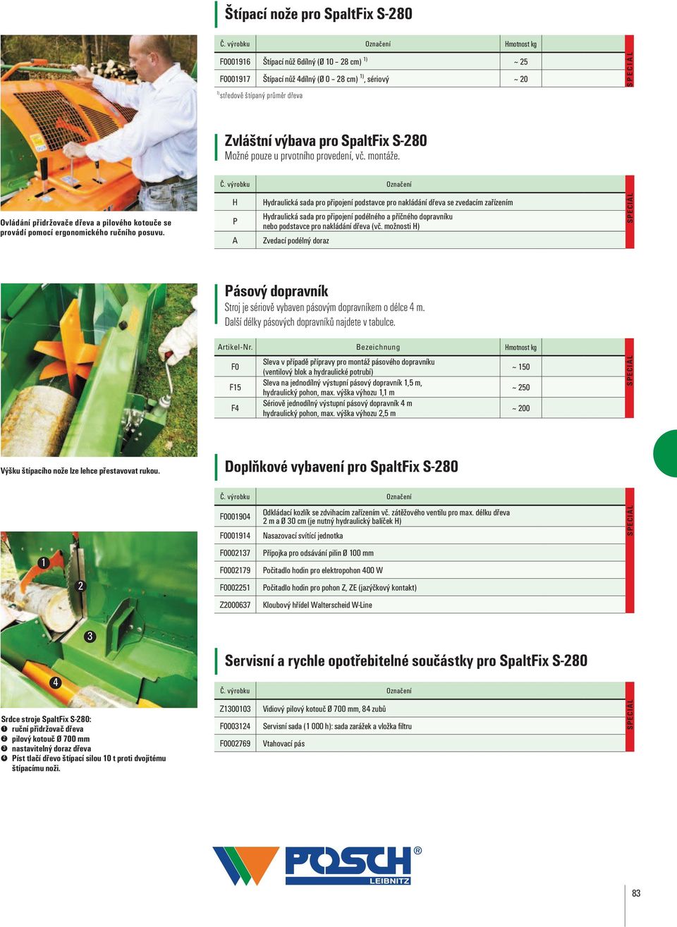 pro SpaltFix S-280 Možné pouze u prvotního provedení, vč. montáže. Č. výrobku Označení Ovládání přidržovače dřeva a pilového kotouče se provádí pomocí ergonomického ručního posuvu.