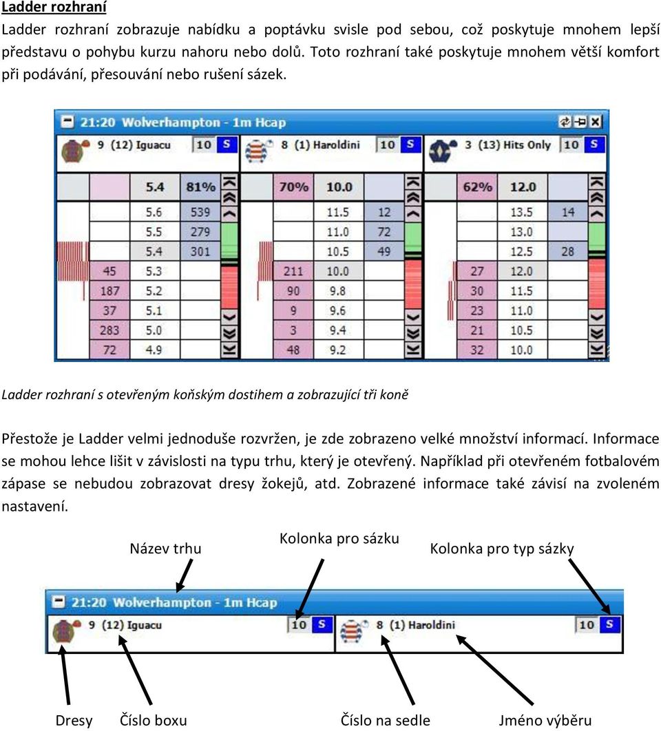 Ladder rozhraní s otevřeným koňským dostihem a zobrazující tři koně Přestože je Ladder velmi jednoduše rozvržen, je zde zobrazeno velké množství informací.