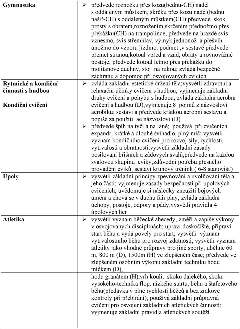 jízdmo, podmet ;v sestavě předvede přemet stranou,kotoul vpřed a vzad, obraty a rovnovážné postoje; předvede kotoul letmo přes překážku do molitanové duchny, stoj na rukou; zvládá bezpečně záchranu a