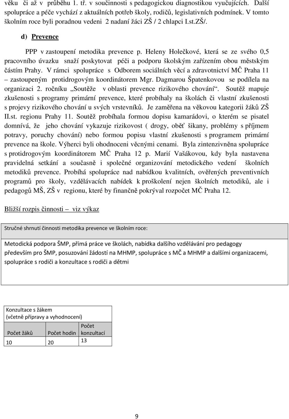 Heleny Holečkové, která se ze svého 0,5 pracovního úvazku snaží poskytovat péči a podporu školským zařízením obou městským částím Prahy.