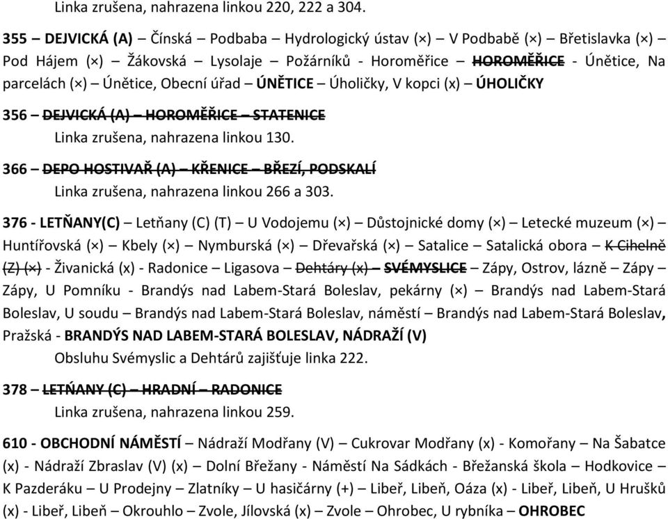 ÚNĚTICE Úholičky, V kopci (x) ÚHOLIČKY 356 DEJVICKÁ (A) HOROMĚŘICE STATENICE Linka zrušena, nahrazena linkou 130.