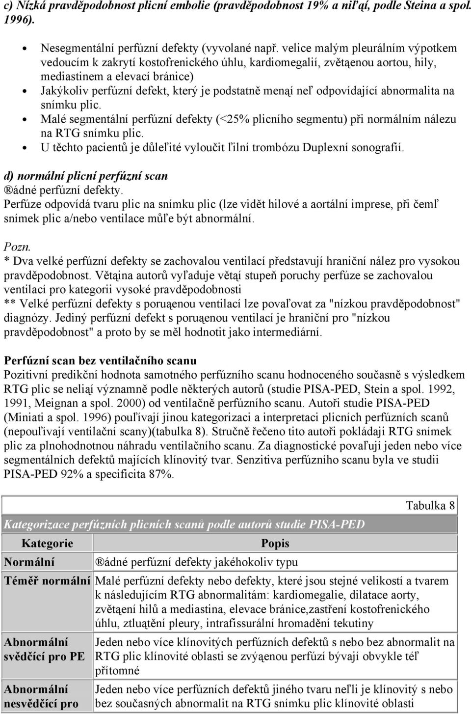 odpovídající abnormalita na snímku plic. Malé segmentální perfúzní defekty (<25% plicního segmentu) při normálním nálezu na RTG snímku plic.