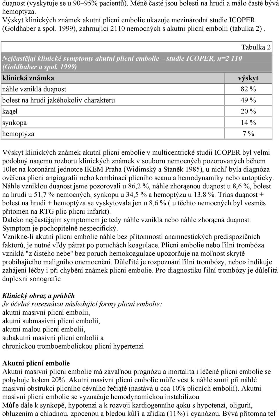 Nejčastějąí klinické symptomy akutní plicní embolie studie ICOPER, n=2 110 (Goldhaber a spol.