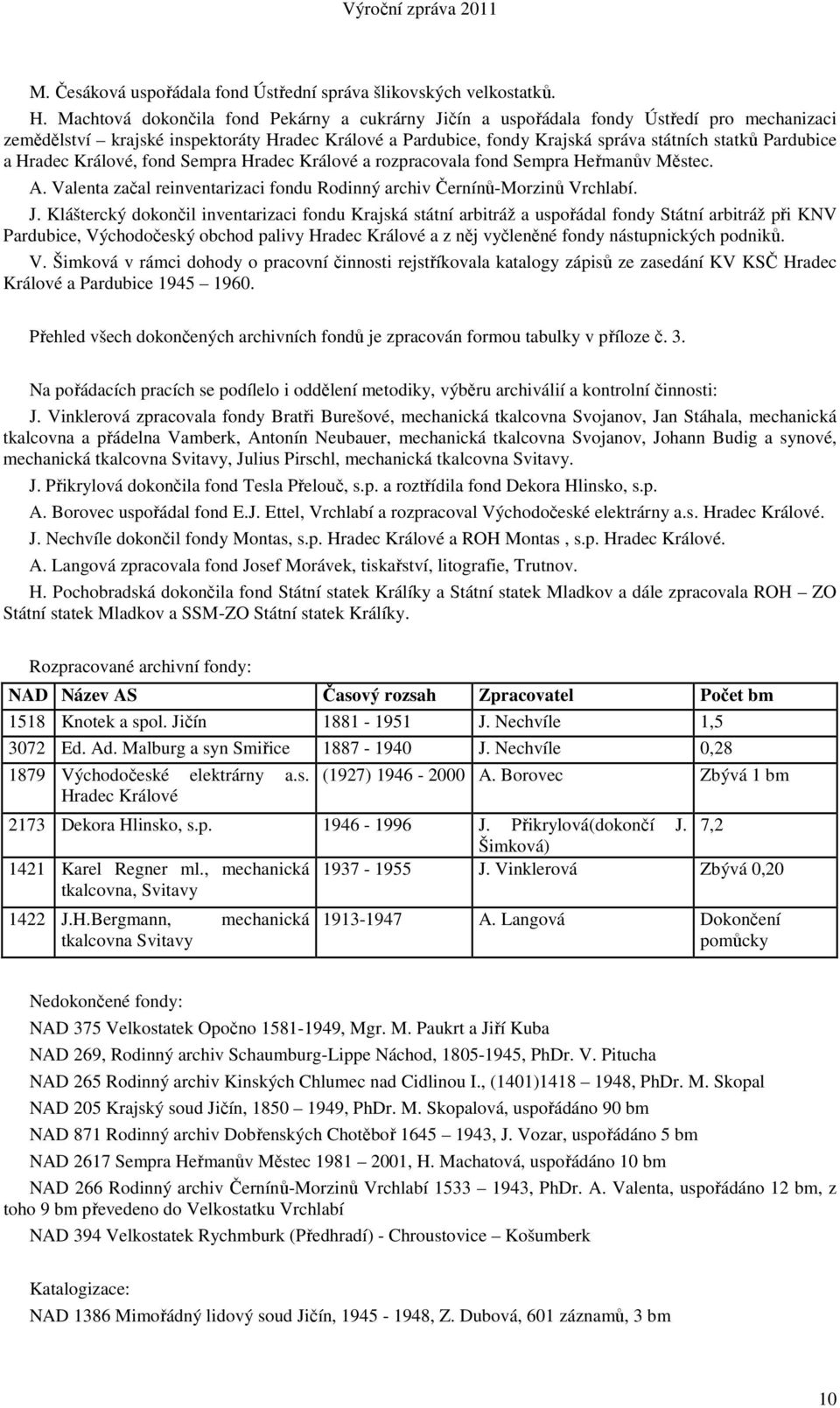 a Hradec Králové, fond Sempra Hradec Králové a rozpracovala fond Sempra Heřmanův Městec. A. Valenta začal reinventarizaci fondu Rodinný archiv Černínů-Morzinů Vrchlabí. J.