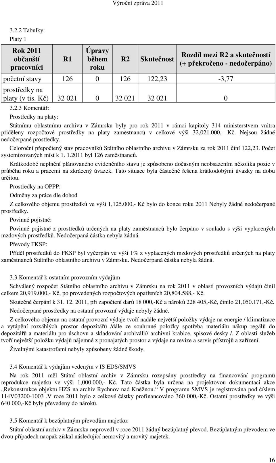 021 0 32 021 32 021 0 3.2.3 Komentář: Prostředky na platy: Státnímu oblastnímu archivu v Zámrsku byly pro rok 2011 v rámci kapitoly 314 ministerstvem vnitra přiděleny rozpočtové prostředky na platy