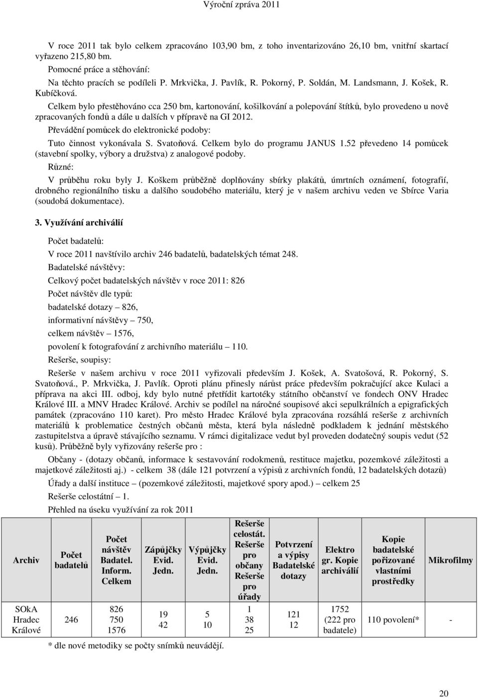 Celkem bylo přestěhováno cca 250 bm, kartonování, košilkování a polepování štítků, bylo provedeno u nově zpracovaných fondů a dále u dalších v přípravě na GI 2012.