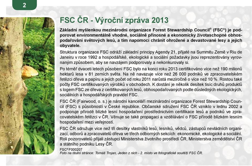 Struktura organizace FSC odráží základní principy Agendy 21, přijaté na Summitu Země v Riu de Janeiru v roce 1992 a hospodářské, ekologické a sociální požadavky jsou reprezentovány vyrovnaným
