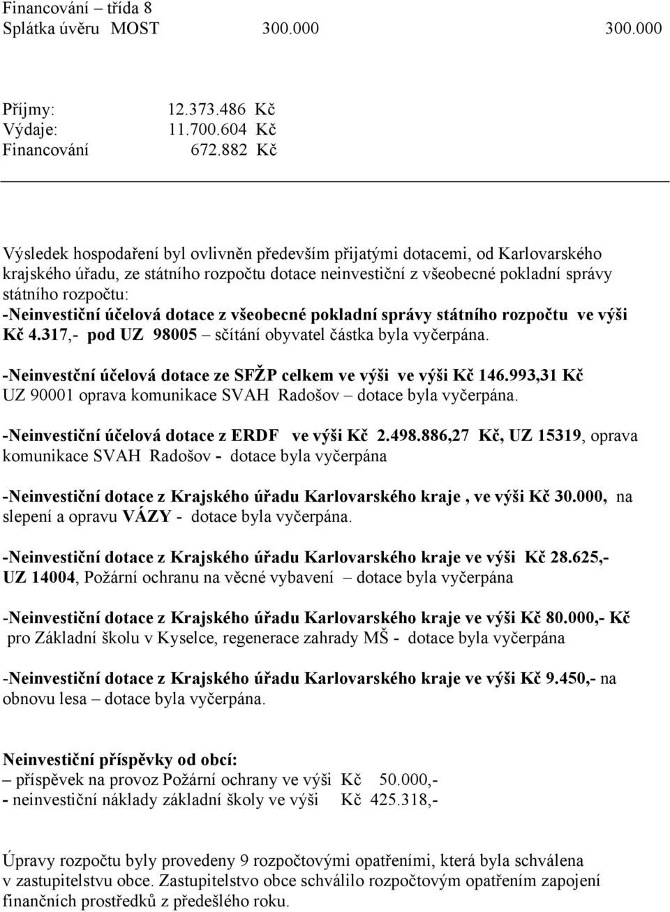 -Neinvestiční účelová dotace z všeobecné pokladní správy státního rozpočtu ve výši Kč 4.317,- pod UZ 98005 sčítání obyvatel částka byla vyčerpána.