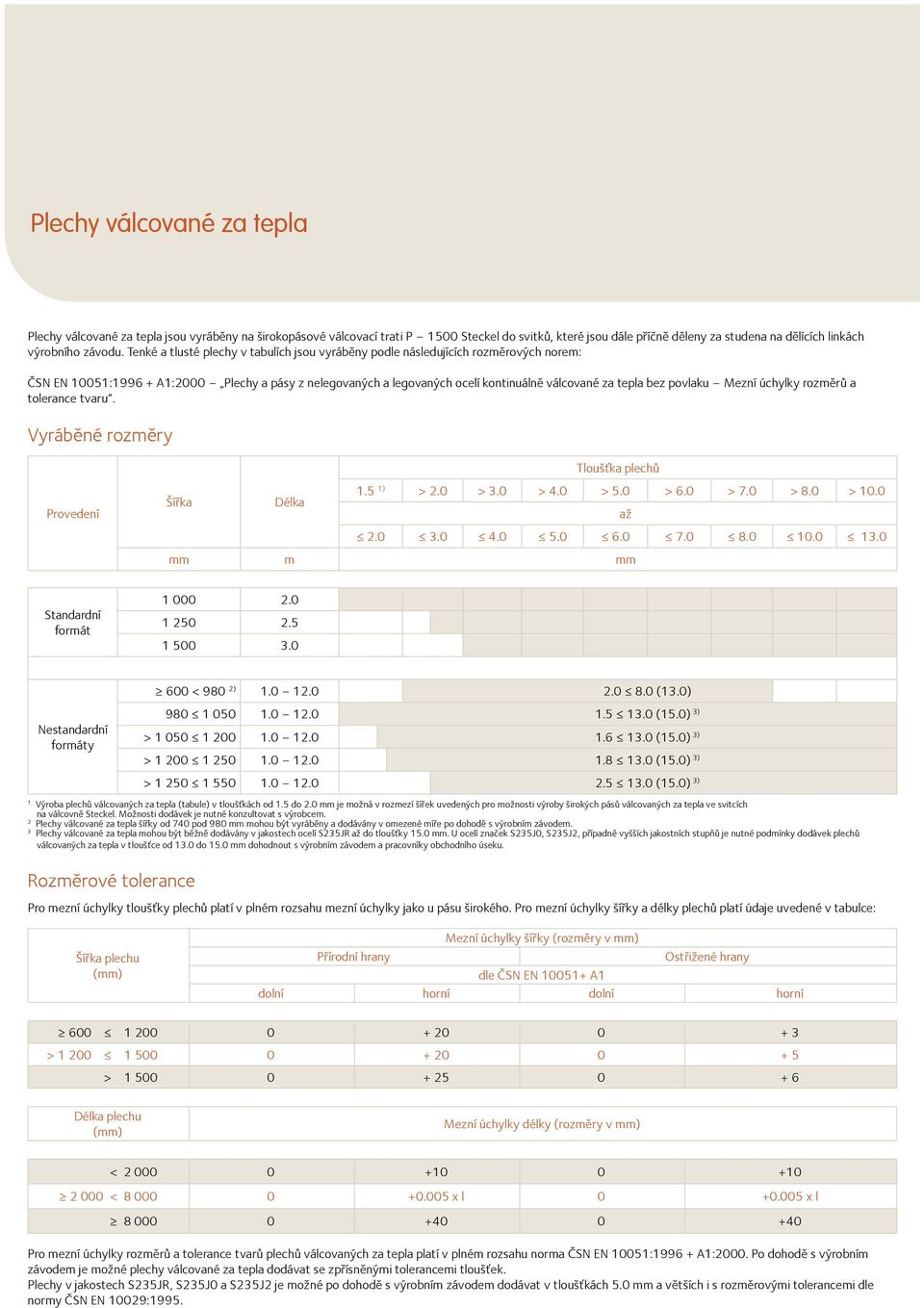 Tenké a tlusté plechy v tabulích jsou vyráběny podle následujících rozměrových norem: ČSN EN 005:996 + A:000 Plechy a pásy z nelegovaných a legovaných ocelí kontinuálně válcované za tepla bez povlaku