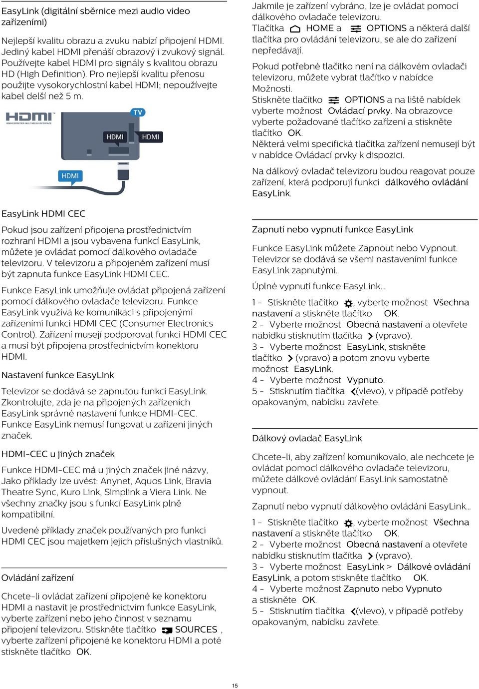 Používejte kabel HDMI pro signály s kvalitou obrazu HD (High Definition). Pro nejlepší kvalitu přenosu použijte vysokorychlostní kabel HDMI; nepoužívejte kabel delší než 5 m.